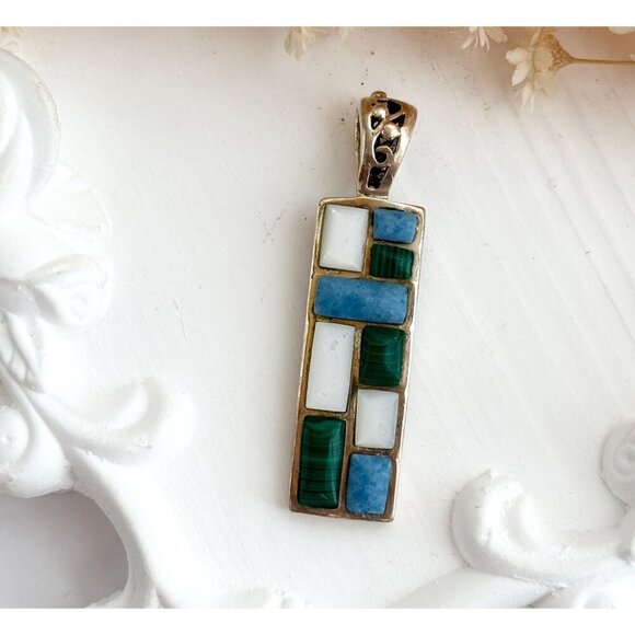 Geometric Malachite, Mother of Pearl & Blue Quartz 925 Sterling Vintage Pendant - Picture 1 of 10